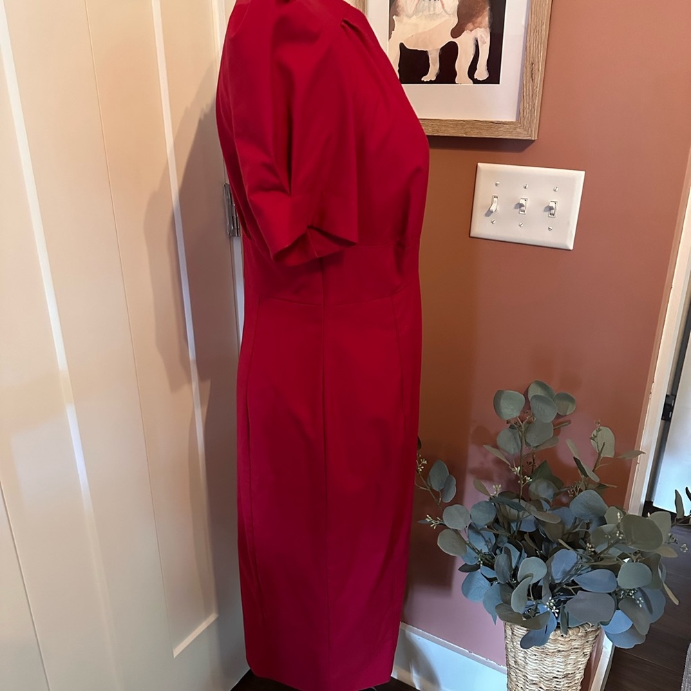 ASOS cranberry fitted puff sleeves back zipper back slit 8 midi pleats dress - Picture 5 of 14